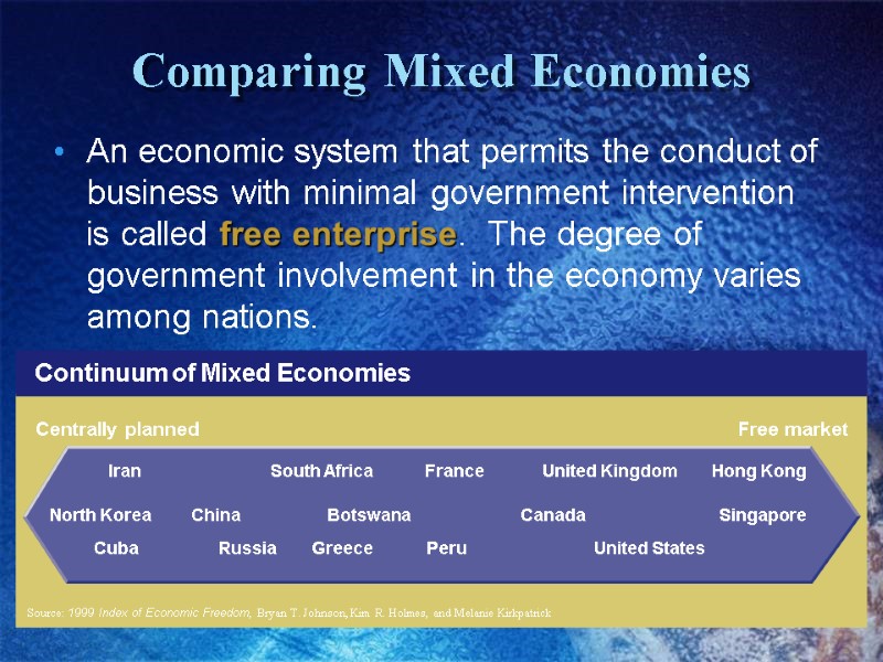 Comparing Mixed Economies An economic system that permits the conduct of business with minimal